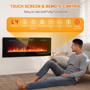 Rintuf 50 Inch Electric Fireplace in-Wall Recessed and Wall Mounted, Fireplace Heater and Linear Fireplace with Multicolor Flame, Timer, 750/1500W Control by Touch Panel & Remote