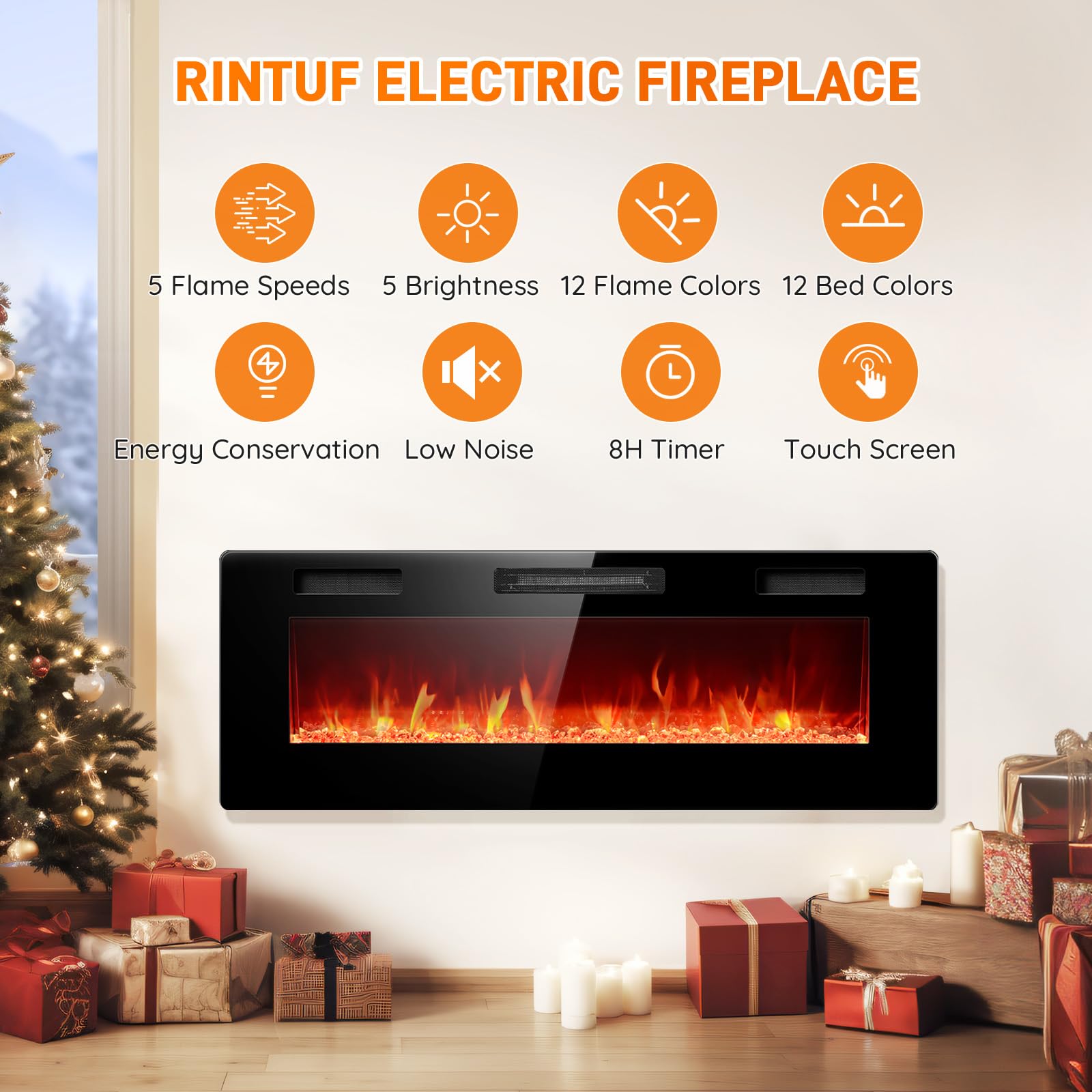 Rintuf 50 Inch Electric Fireplace in-Wall Recessed and Wall Mounted, Fireplace Heater and Linear Fireplace with Multicolor Flame, Timer, 750/1500W Control by Touch Panel & Remote