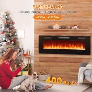 Rintuf 50 Inch Electric Fireplace in-Wall Recessed and Wall Mounted, Fireplace Heater and Linear Fireplace with Multicolor Flame, Timer, 750/1500W Control by Touch Panel & Remote