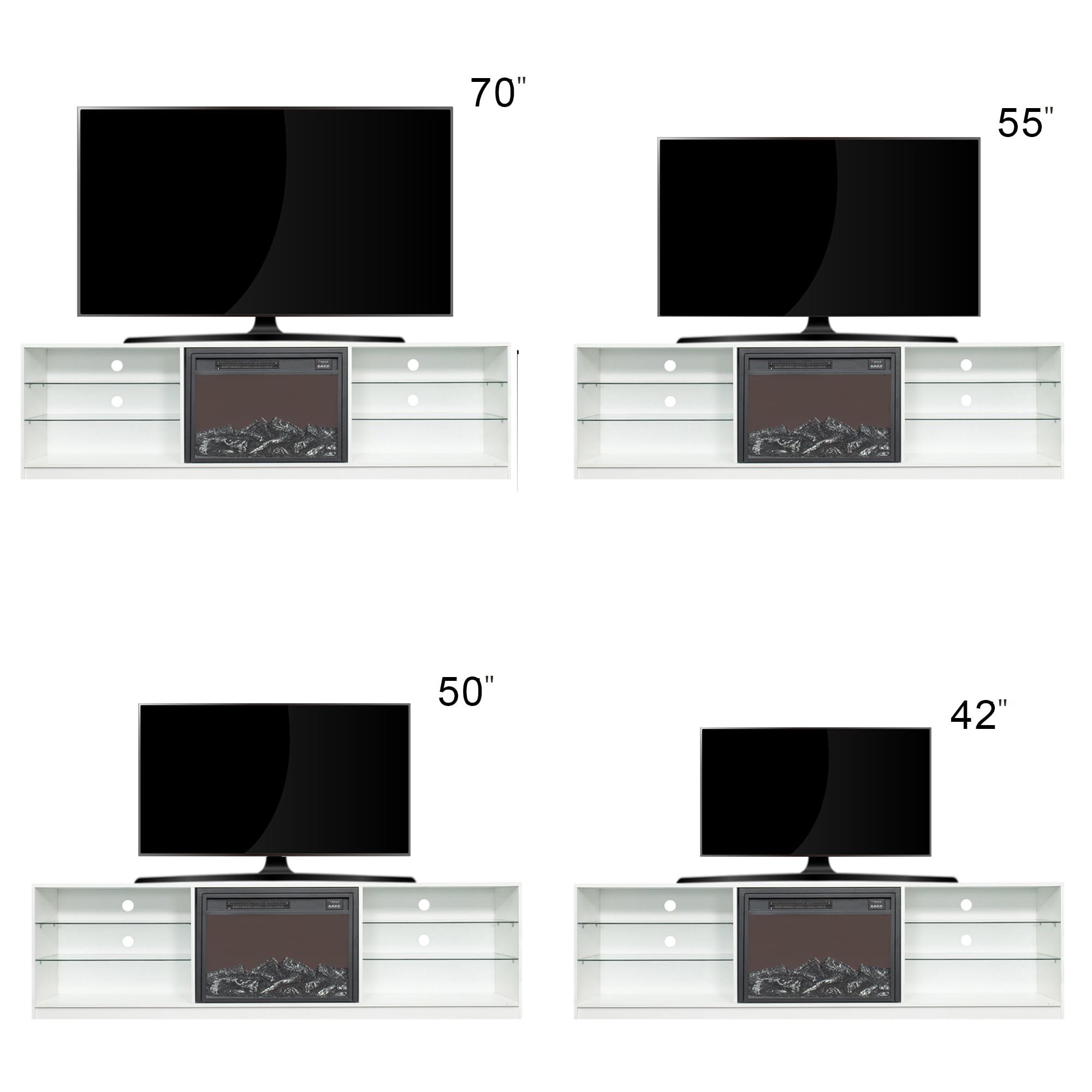 Fireplace TV Stand with 27" Electric Fireplace, Modern LED Light Entertainment Center and Media Console with 6 Storage Cabinets for Living Room,with Highlight Storage Cabinet for TVs Up to 80" (White)