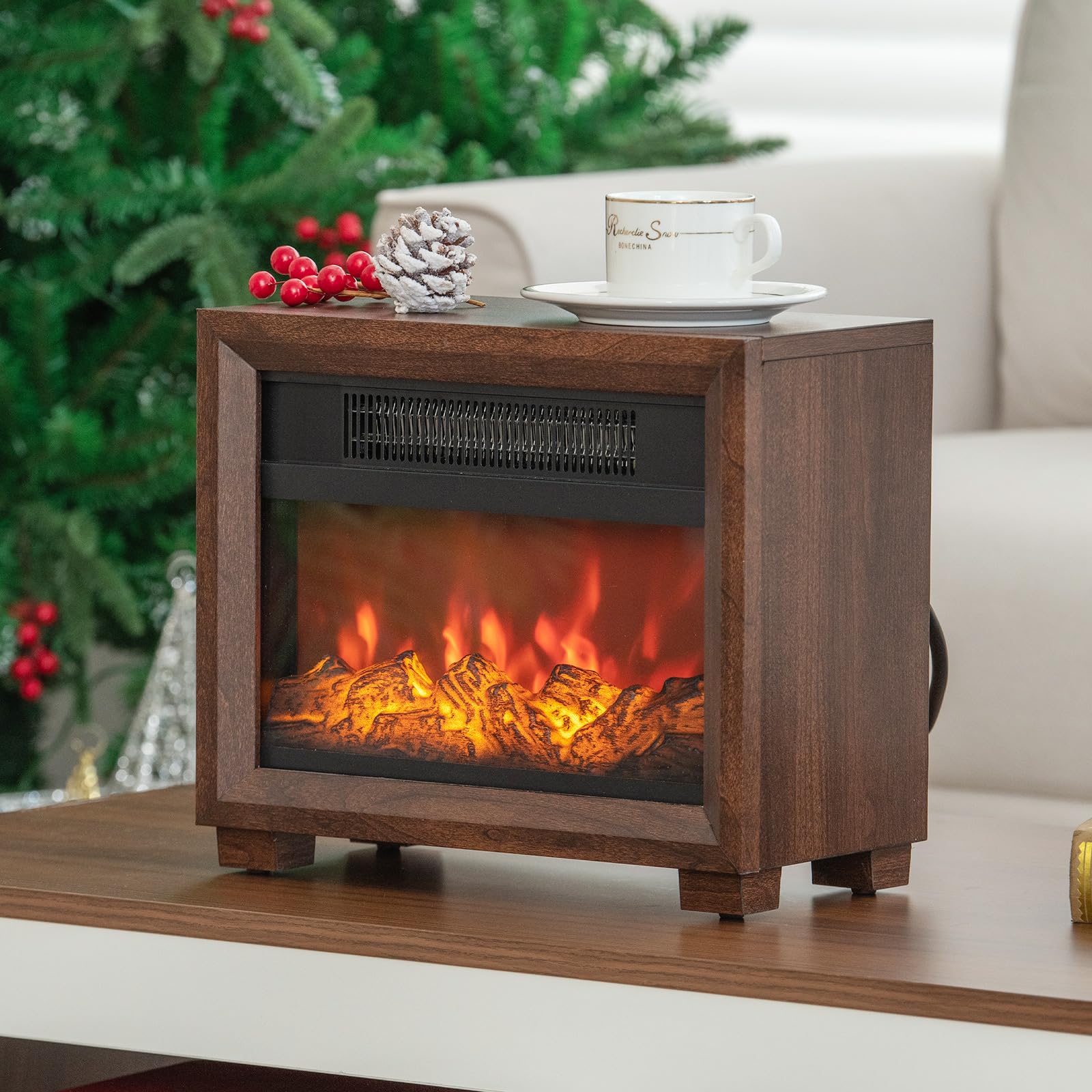 Tangkula Electric Fireplace Heater, 750W Mini Wooden Tabletop Fireplace with Realistic Flame, Safety Protection, 2550 BTU Portable Desktop Fireplace for Apartment, Christmas Decoration (Brown)