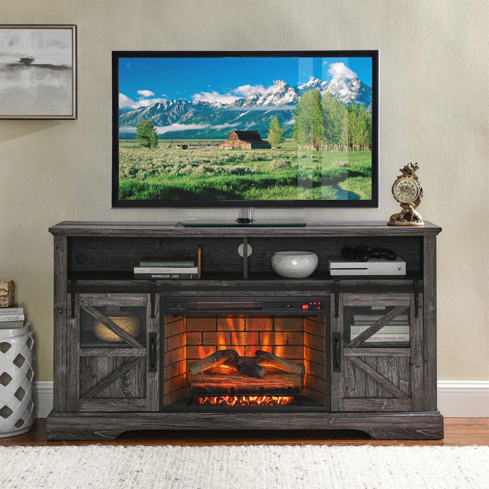 60" TV Stand with Electric Fireplace - Multi-Color Flames - Easy Assembly - Modern Farmhouse Entertainment Center