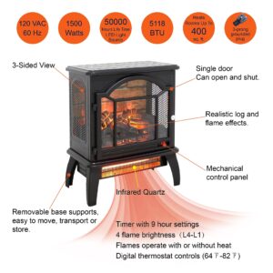 Electric Fireplace Infrared Heater with Remote Control, 18" Electric Fireplaces with Adjustable Brightness and Heating, 1500W Freestanding 3D Electric Fireplace Stove for Indoor Use, Black