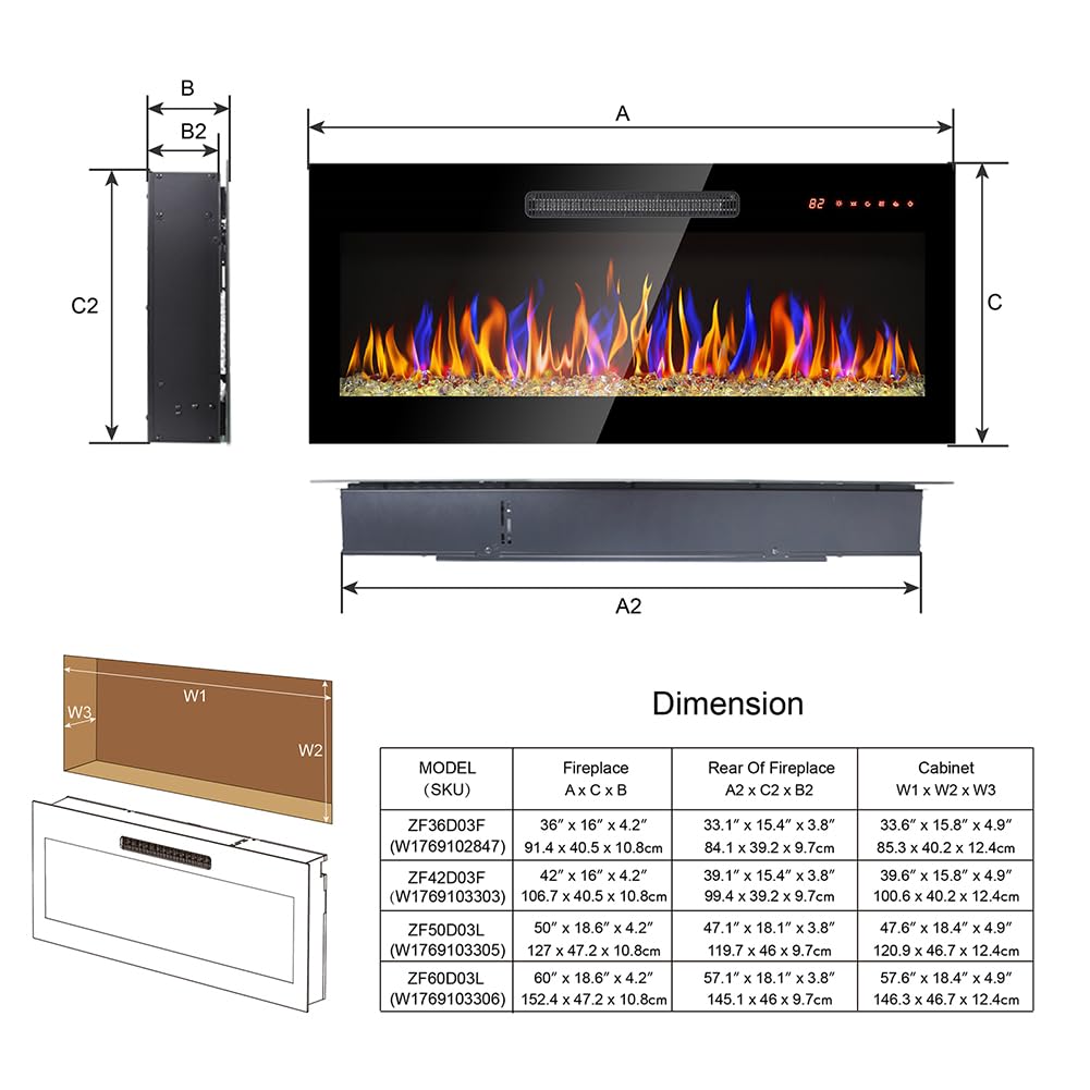 IVYHAVEN 60 Inch Long Electric Fireplace Wall Mounted, Thin Electric Fireplace Recessed, Super-Thin Tempered Glass Wall Mounted led Fireplace Inserts with Remote Control Adjustable 16 Flame Color