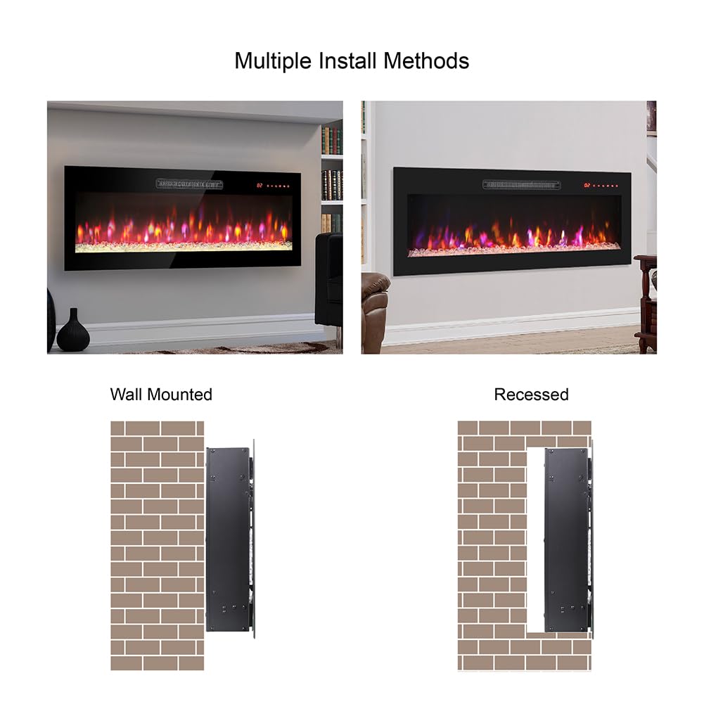 IVYHAVEN 60 Inch Long Electric Fireplace Wall Mounted, Thin Electric Fireplace Recessed, Super-Thin Tempered Glass Wall Mounted led Fireplace Inserts with Remote Control Adjustable 16 Flame Color