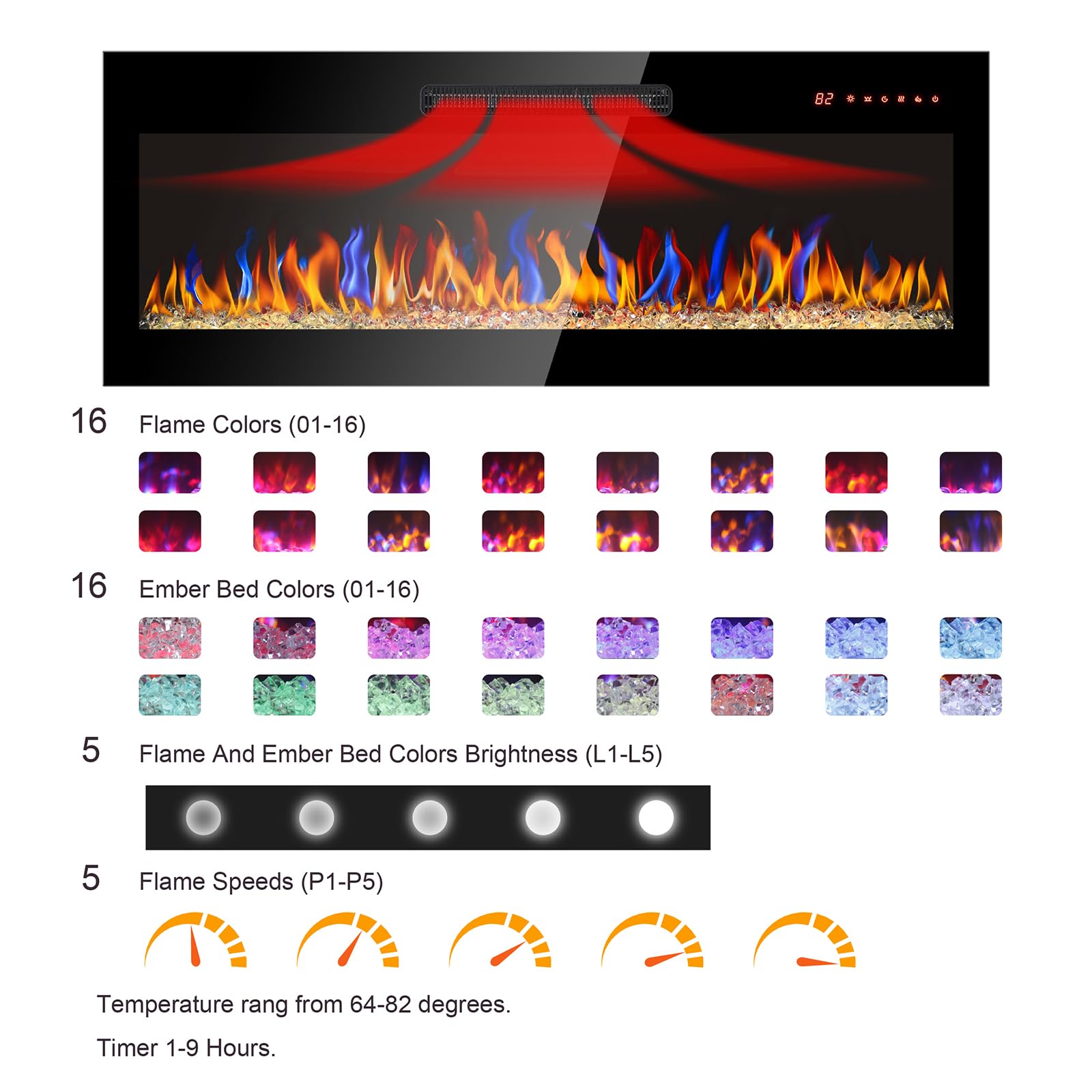 IVYHAVEN 60 Inch Long Electric Fireplace Wall Mounted, Thin Electric Fireplace Recessed, Super-Thin Tempered Glass Wall Mounted led Fireplace Inserts with Remote Control Adjustable 16 Flame Color