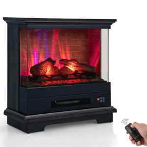 ORALNER 27” Electric Fireplace with Mantel, 3-Sided Glass View, Wooden Surround Firebox, Freestanding Fireplace Heater w/ 7 Flame Colors, Remote & 6H Timer, Overheat Protection, 1400W (Black)