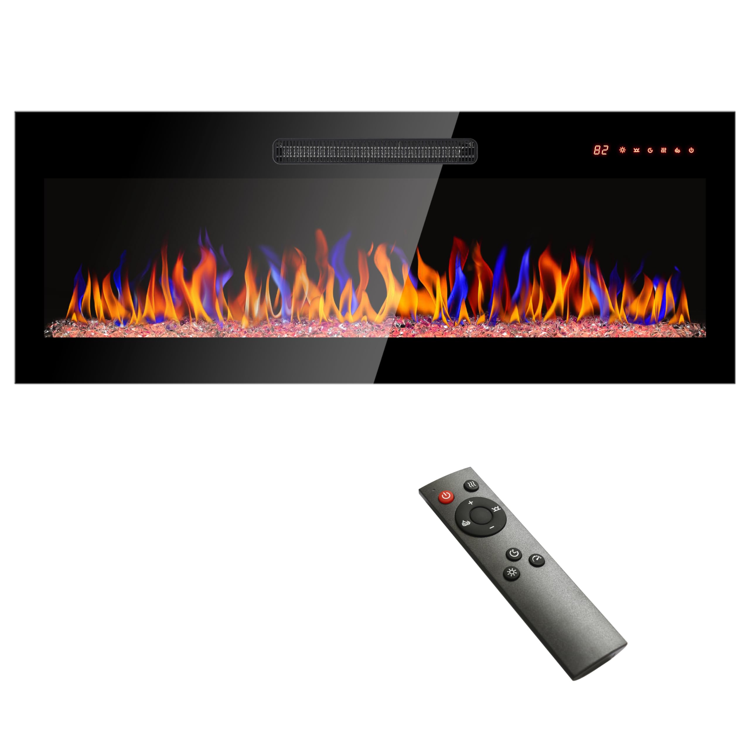 42 inches Recessed Ultra-Thin Tempered Glass Front Wall Mounted Electric Fireplace with Remote Control, Multi-Color Flame & Emberbed, LED Light Heater