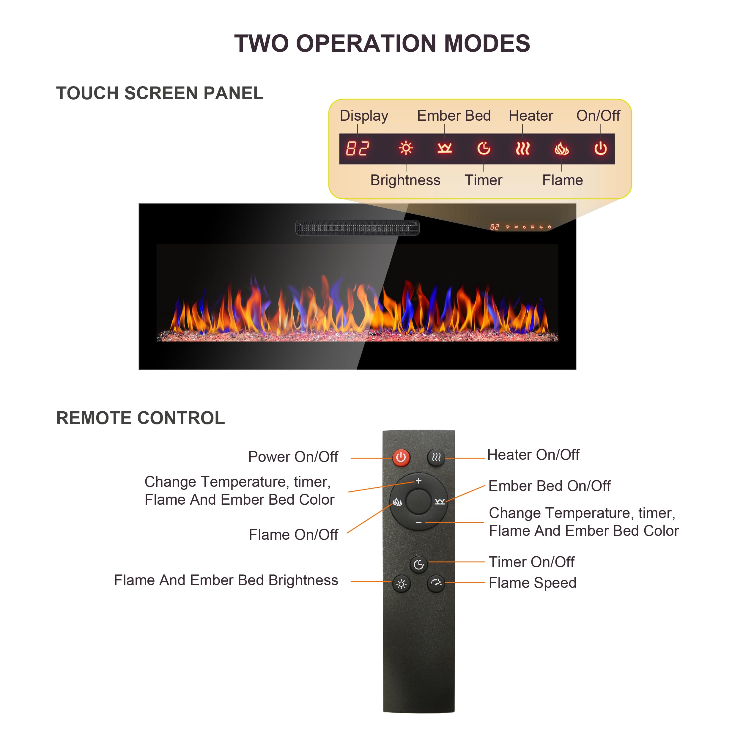 42 inches Recessed Ultra-Thin Tempered Glass Front Wall Mounted Electric Fireplace with Remote Control, Multi-Color Flame & Emberbed, LED Light Heater