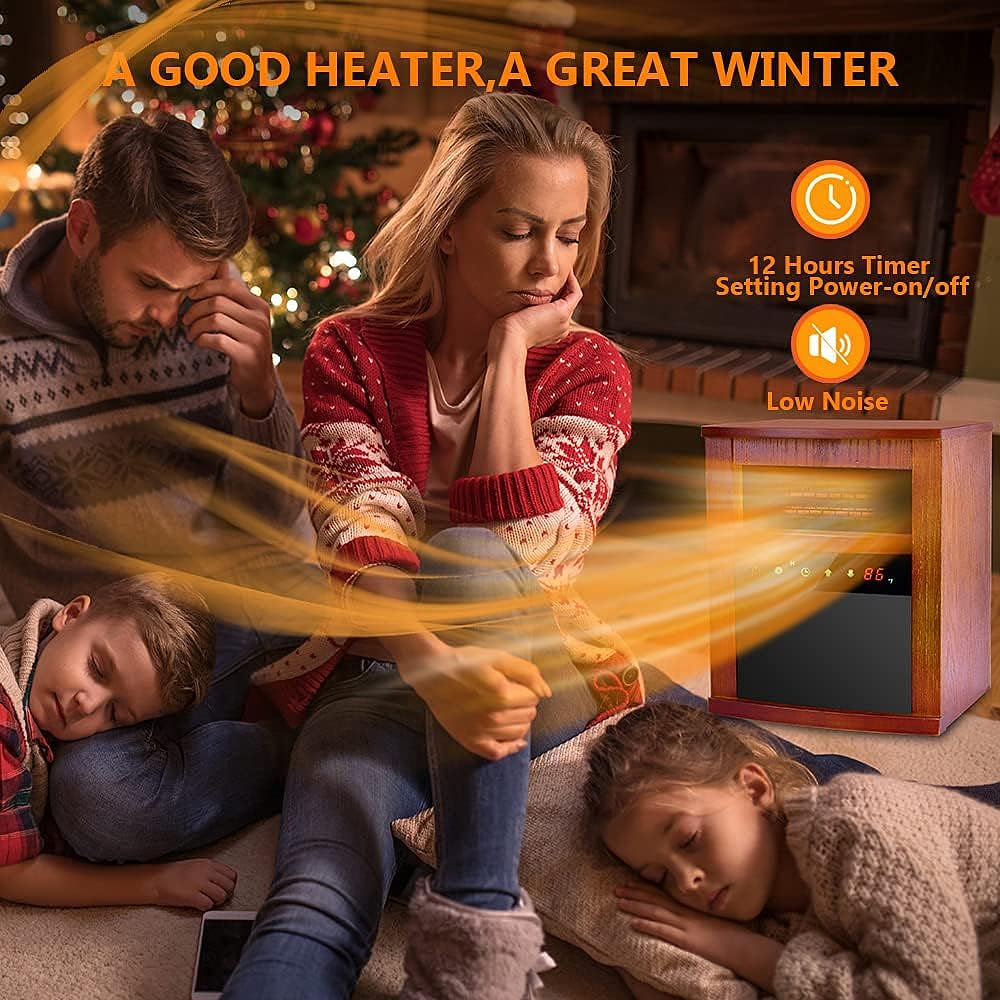 Air Choice Electric Space Heater, 1500W Infrared Heater w/ 3 Heating Mode, Thermostat, Remote Control & 12h Timer, Small Portable Room Heaters for Indoor Use, Bedroom, Office, Living Room, Dark Walnut