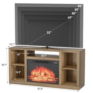 YESHOMY Electric Fireplace TV Stand for Televisions up to 65+ Inch, Media Entertainment Center Console Table with Four Open Storage Shelves & Cabinets, 58 Inch, Barnwood