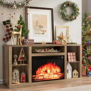 YESHOMY Electric Fireplace TV Stand for Televisions up to 65+ Inch, Media Entertainment Center Console Table with Four Open Storage Shelves & Cabinets, 58 Inch, Barnwood