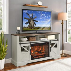 Electric Fireplace 60 Inch Electric Fireplace with Door Sensor Entertainment Center (Jasmine White)