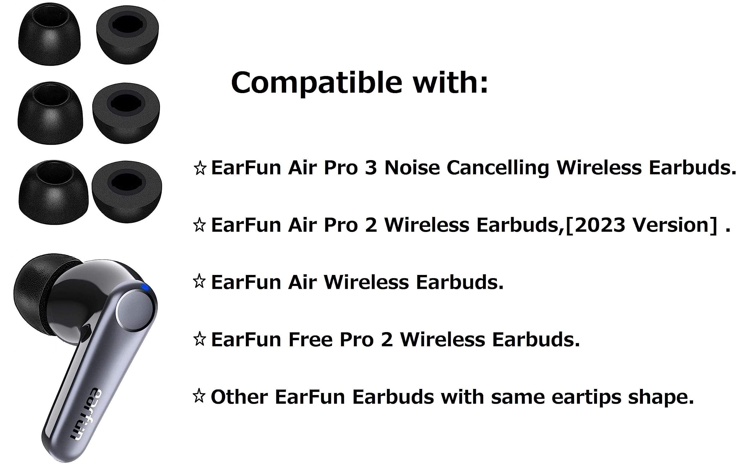 JNSA Memory Foam Ear Tips Noise Canceling Foam Ear Tip Compatible with EarFun Air Pro 3 / Air Pro 2 / EarFun Air, No Silicone Eartips Pain, Fit in Charging Case, 3 Pairs (S/M/L, Black) 214efb3