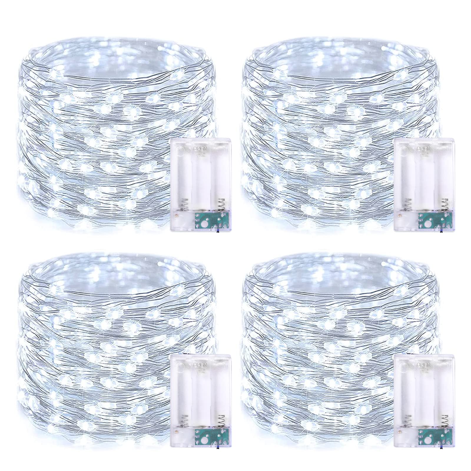 JMEXSUSS 4 Pack 50 LED White Fairy Lights Battery Operated, 16.1ft Christmas Fairy Lights Indoor, White String Lights Waterproof Outdoor for Party Wedding Birthday Holiday Decorations