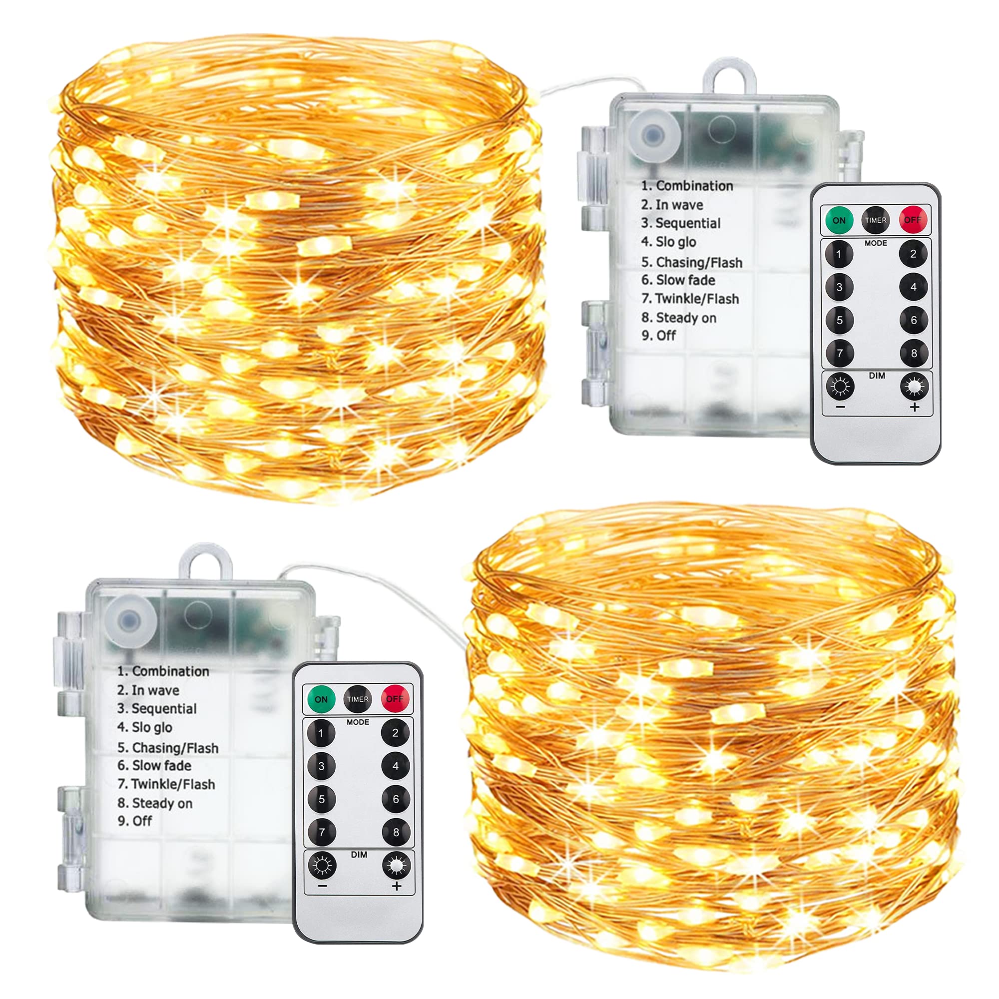 Fairy Lights Battery Operated Christmas String Lights 100 LED Waterproof Copper Wire Starry Twinkle Lights with 8 Modes Remote &Timer for Wedding Indoor Decor 2 Pack (Warm White)