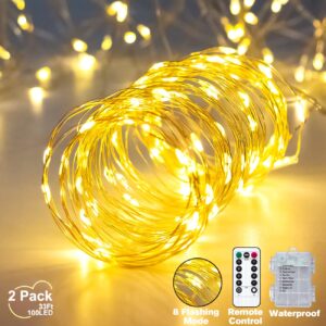 Metaku 2 Pack 33Ft 100 LED Fairy Lights Battery Operated String Lights with Remote Timer, LED Twinkle Lights for Bedroom, Party, Wedding, Centerpiece, Christmas Tree (Warm White)