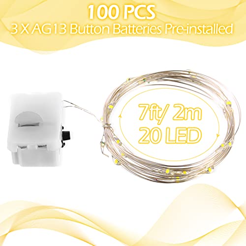 100 Pack Fairy Lights Battery Operated 3 Speed Modes, 7 Ft/ 2 M 20 LED Battery String Mini Lights Waterproof Wire Twinkle Lights Party Favors for Wedding Birthday Vases Flower Decor (Warm Light)