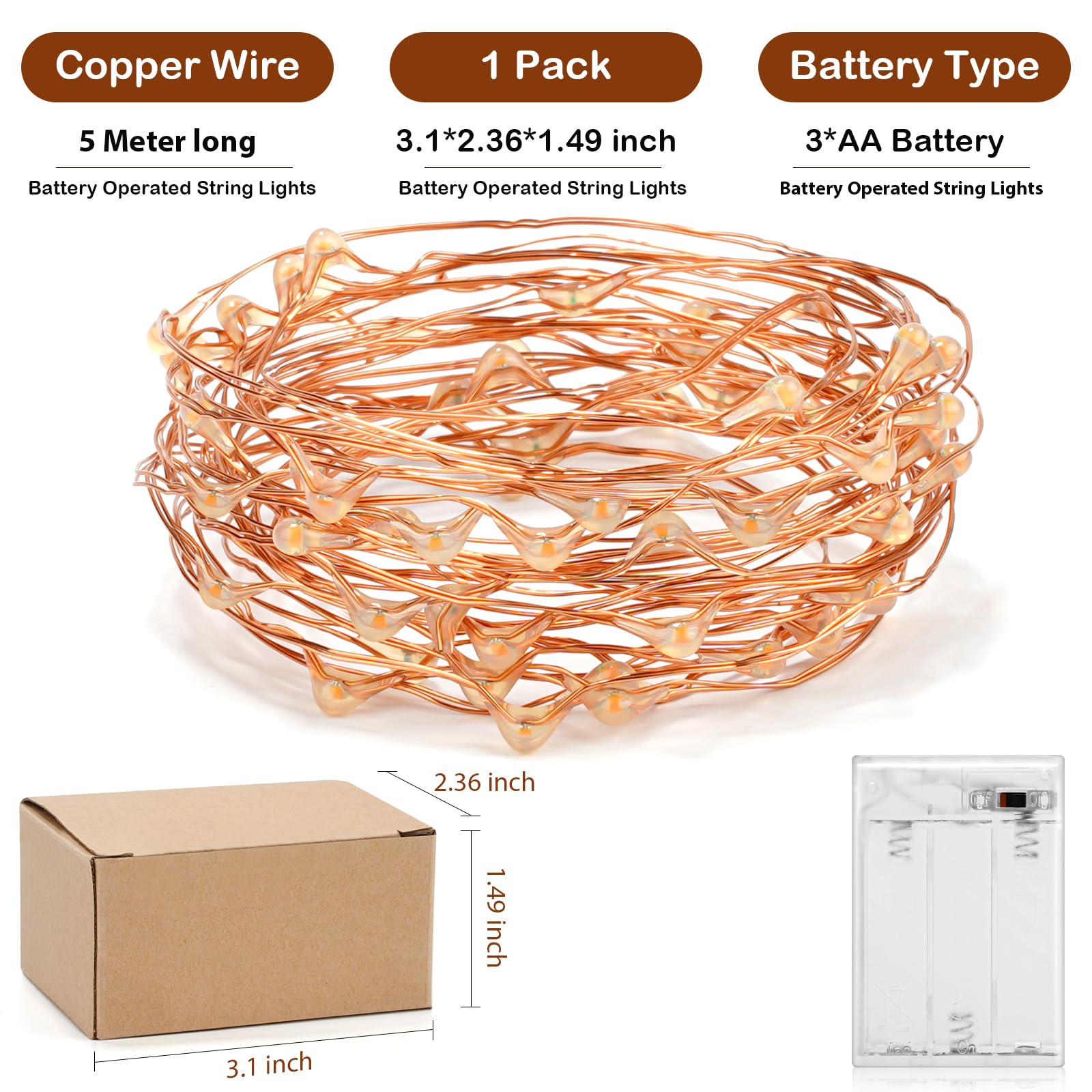 Ariceleo Led Fairy Lights Battery Operated, 1 Pack Mini Battery Powered Copper Wire Starry Fairy Lights for Bedroom, Christmas, Parties, Wedding, Centerpiece, Decoration (5m/16ft Cool White)