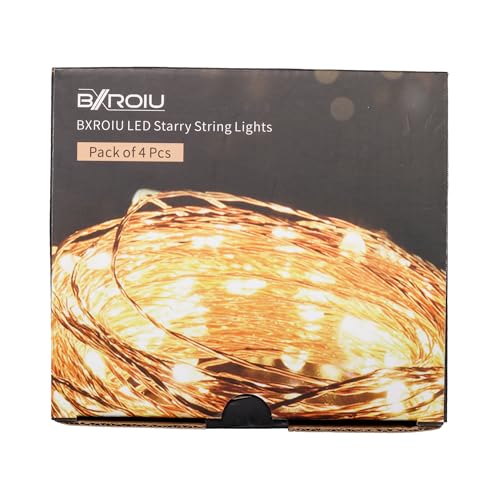 BXROIU 4 x Fairy Lights Battery Operated 8 Lighting Modes,50LEDs,16.4Ft/5 Meters Silver Wire String Lights,Timer Function,and Remote Control.for Christmas,Party,Wedding,Decorative Lighting(Warm White)