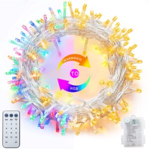 battery operated christmas string lights, warm white & multi-color changing 100 led fairy lights 33ft clear wire with remote timer christmas lights for outdoor indoor xmas tree festive decorations