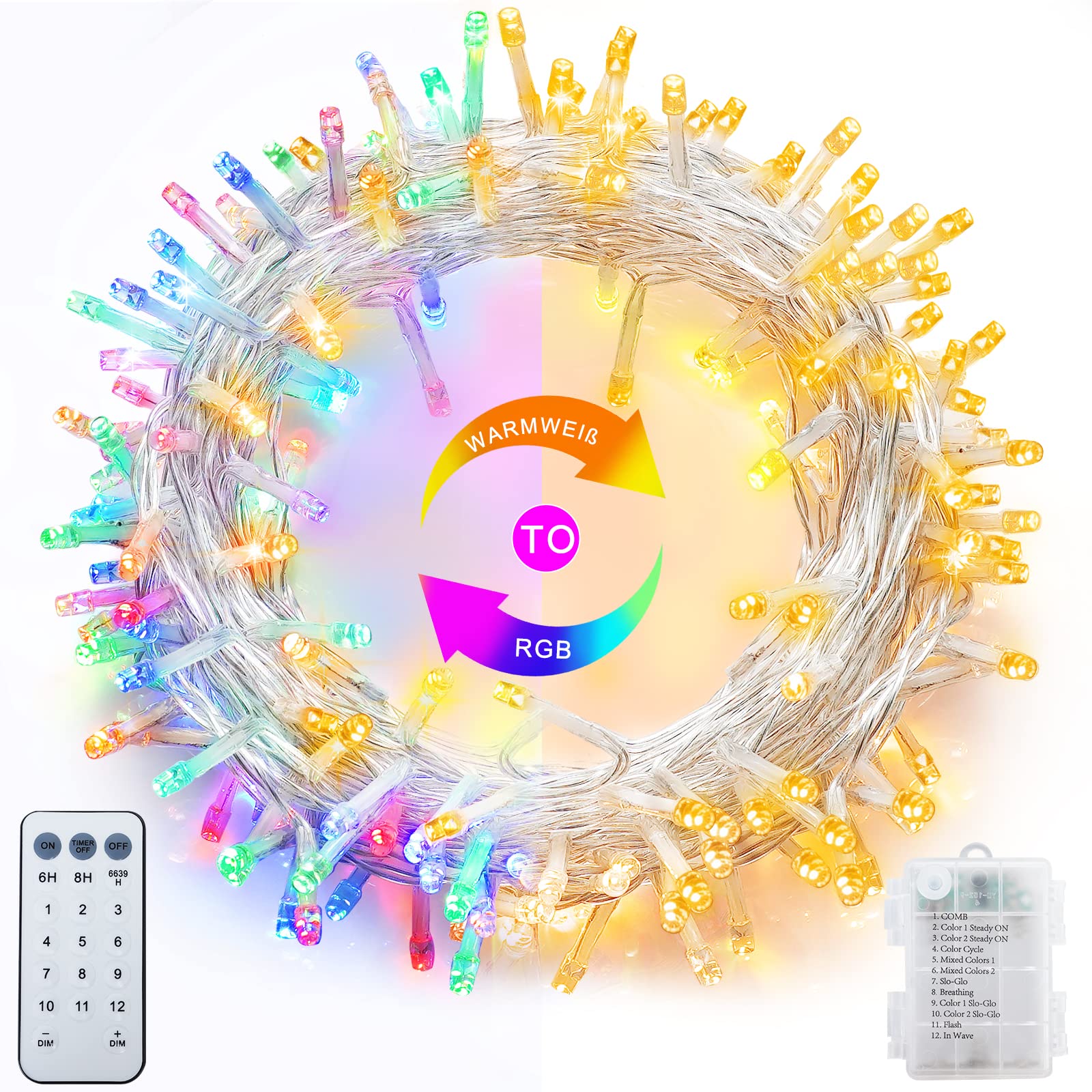 Battery Operated Christmas String Lights, Warm White & Multi-Color Changing 100 LED Fairy Lights 33Ft Clear Wire with Remote Timer Christmas Lights for Outdoor Indoor Xmas Tree Festive Decorations