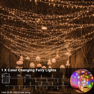 Battery Operated Christmas String Lights, Warm White & Multi-Color Changing 100 LED Fairy Lights 33Ft Clear Wire with Remote Timer Christmas Lights for Outdoor Indoor Xmas Tree Festive Decorations