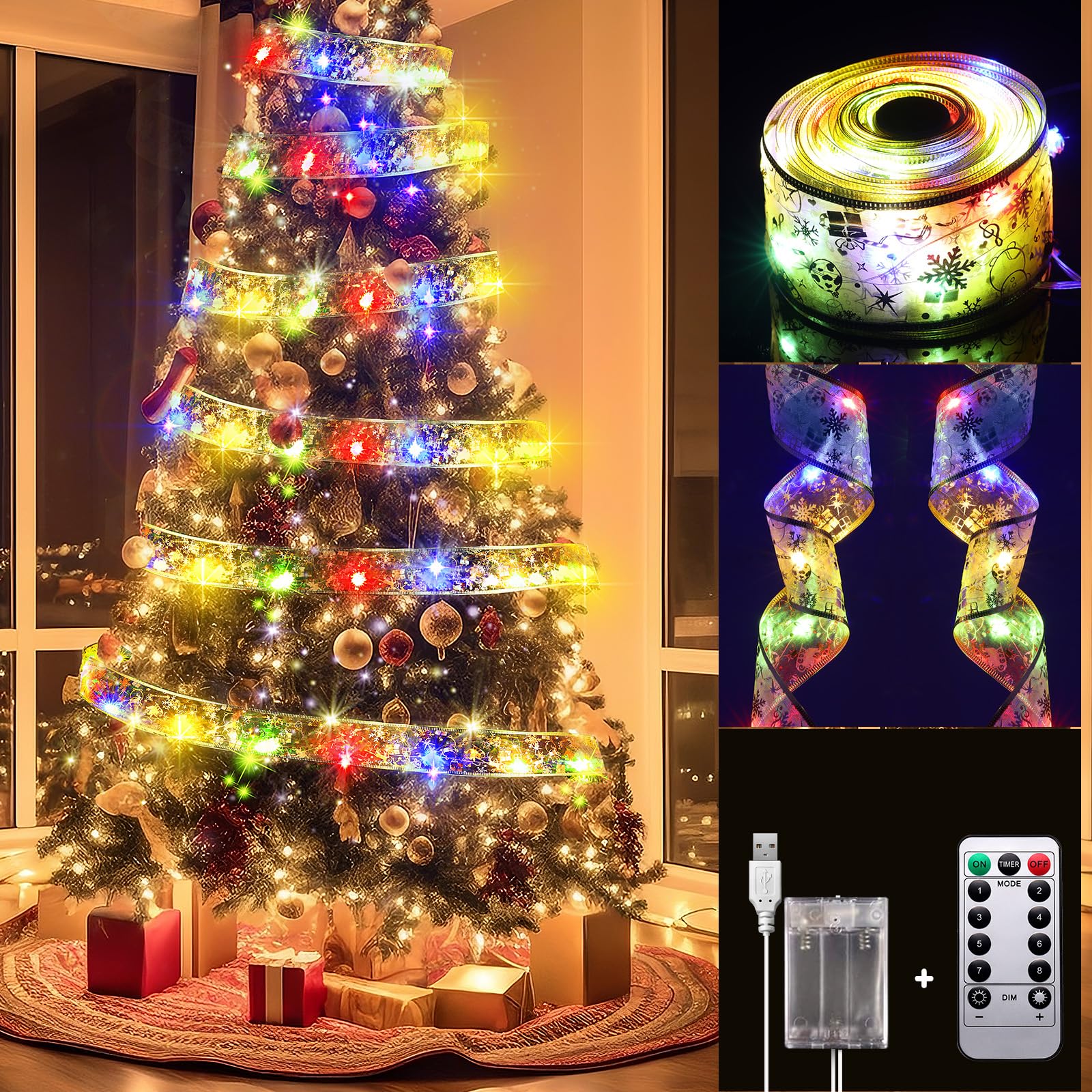 Lecone Christmas Tree Decorations, 2 Pack Christmas Ribbon Lights 40Ft 120 LED Copper Wire Fairy Lights with 8 Modes & Timer, USB or Battery Operated Christmas Lights for Tree Indoor (Colored Light)