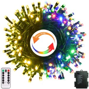 100 led christmas string lights battery operated, dual color changing fairy lights 33ft green wire with remote timer outdoor indoor twinkle lights for xmas tree party decor warm white & multi-color