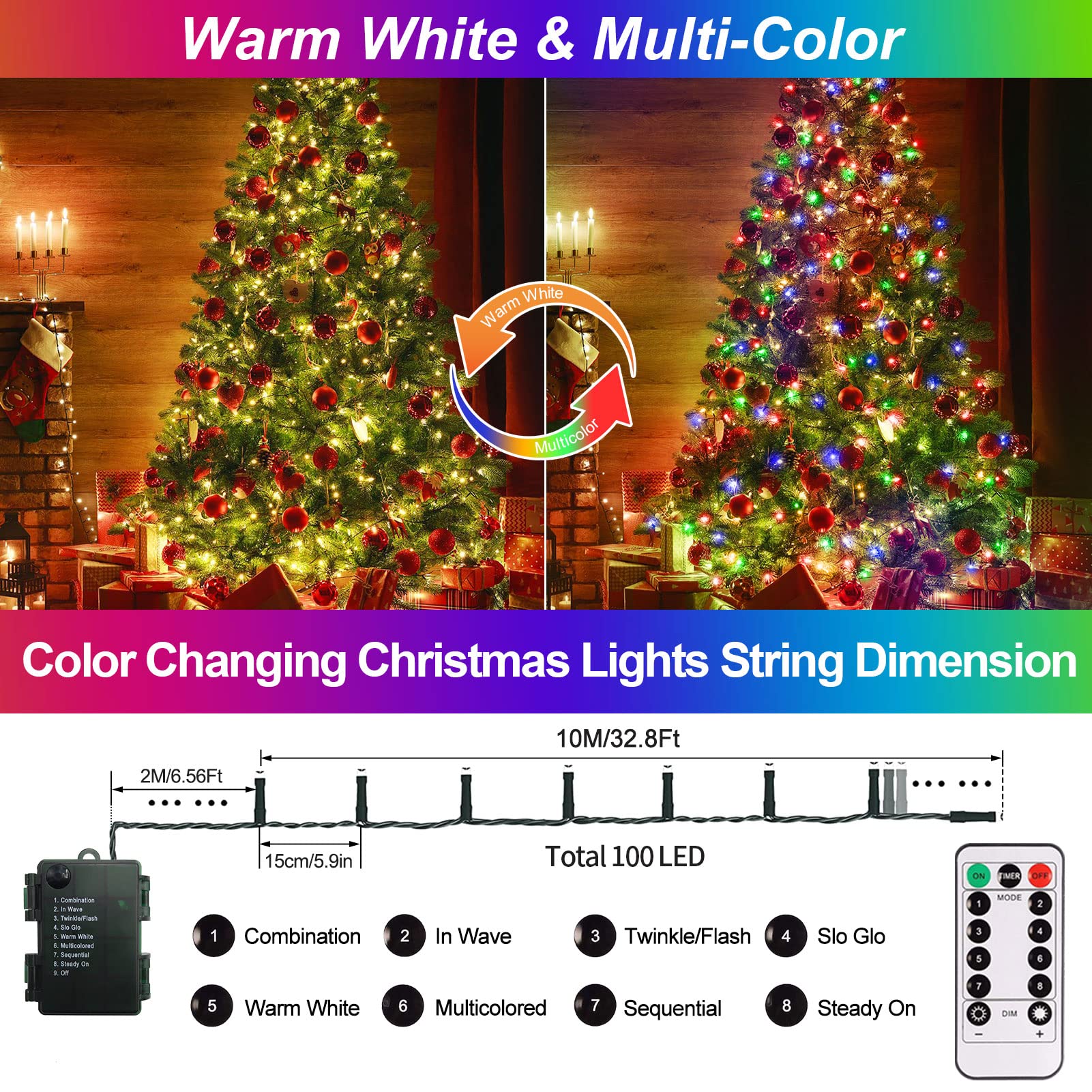 100 LED Christmas String Lights Battery Operated, Dual Color Changing Fairy Lights 33Ft Green Wire with Remote Timer Outdoor Indoor Twinkle Lights for Xmas Tree Party Decor Warm White & Multi-Color