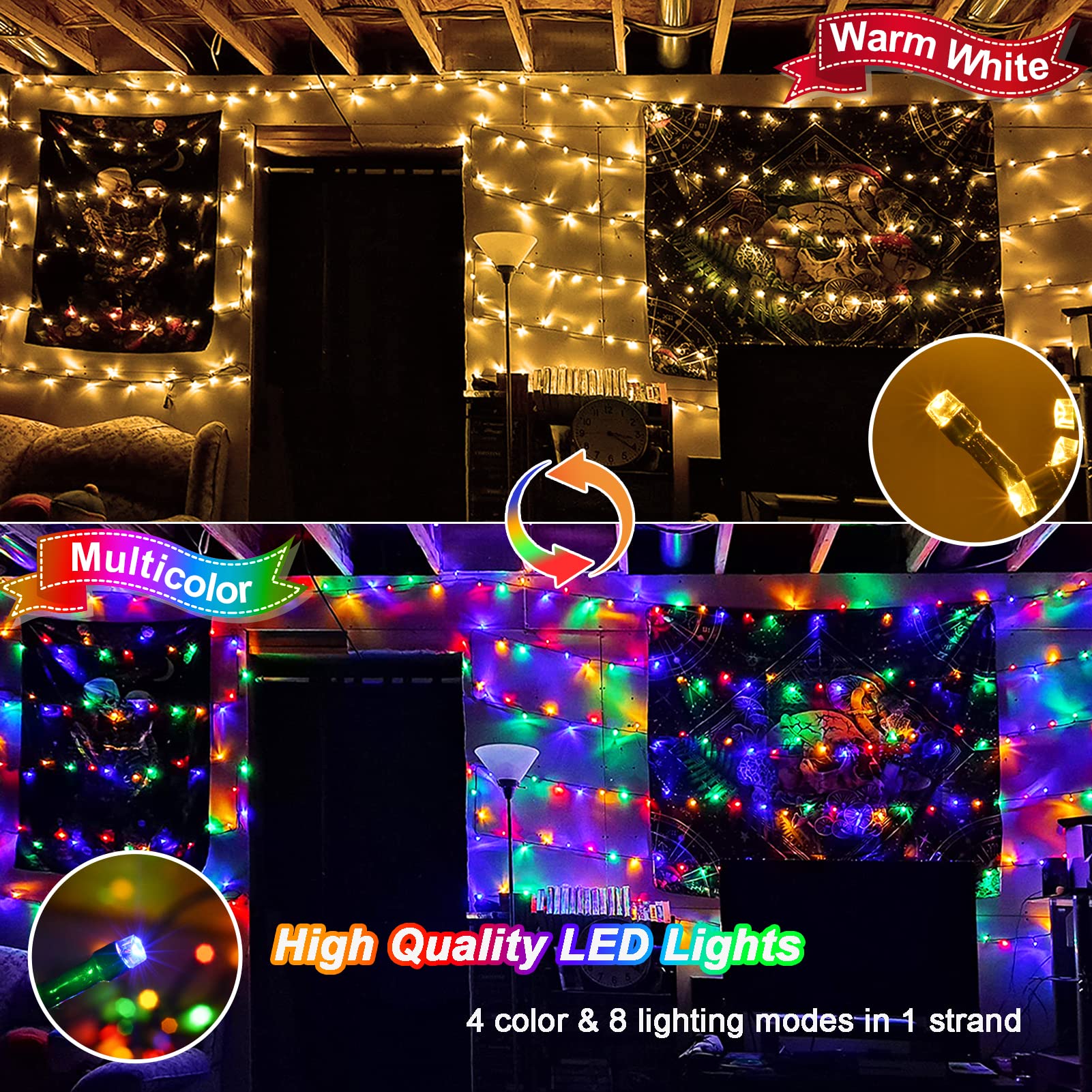 100 LED Christmas String Lights Battery Operated, Dual Color Changing Fairy Lights 33Ft Green Wire with Remote Timer Outdoor Indoor Twinkle Lights for Xmas Tree Party Decor Warm White & Multi-Color