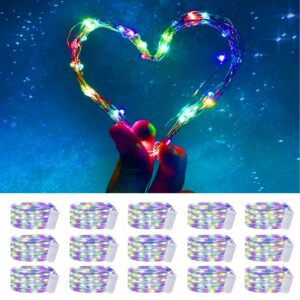 ufay 15pack fairy lights battery operated, 10ft 30 led starry string lights, waterproof mini silver wire firefly lights for mason jar diy, wedding christmas decor (multicolor)