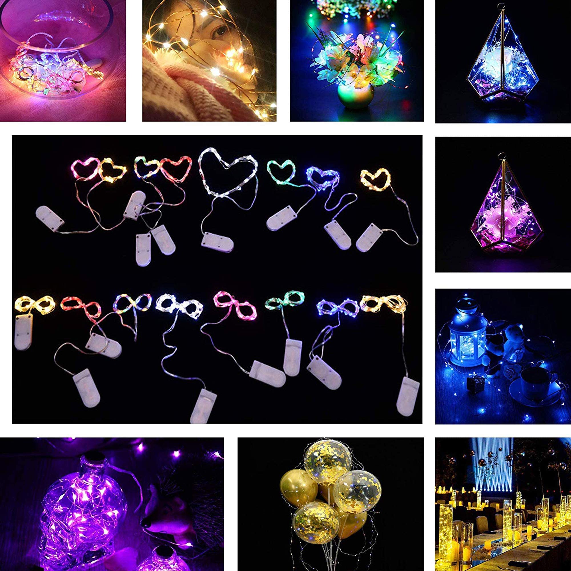 ANGMLN 10 Pack 9.8' 30 LED Battery Operated Fairy Lights Mini Copper Wire Firefly String Lights for DIY Home Solar Waterfall Fairy Bunch Lights Outdoor Waterproof