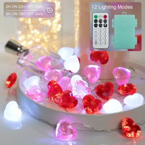 BOHON Valentine Day Decor 10 ft 30 LEDs Heart Lights Twinkle Fairy String Lights Battery Operated with Remote Valentines Decorations for The Home Kids Bedroom Christmas Mother's Day(Red Pink White)