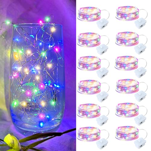 12 Pack Led Fairy Lights - Mutilcolor, Battery Operated LED Silver Wire String Lights, 7FT 20LED Mini Firefly Starry String Lights Waterproof Led Twinkle Lights for Mason Jar DIY Christmas Decor