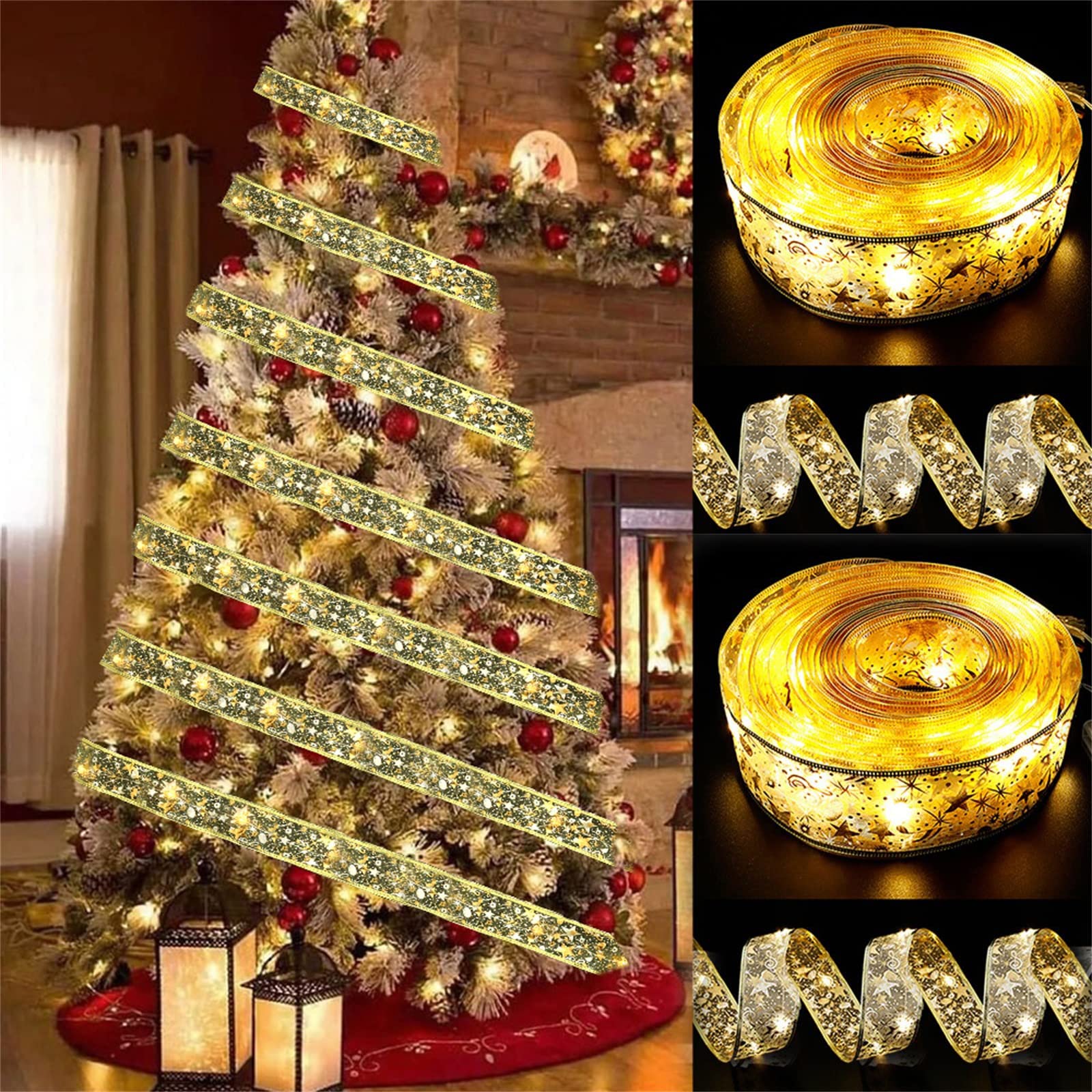 TPNB 2PCS 16.4FT Christmas Shining Ribbon Lights LED Lights, Fairy Decor Glow for Tree, Battery Powered Copper Wire Bows Strings Xmas Weddings New Year, Golden