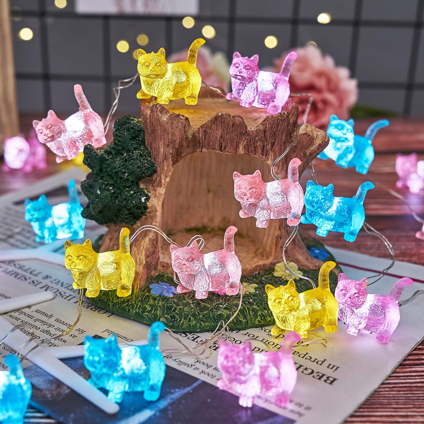 Bartlett Cute Cat Decorative String Lights Indoor Animal Fairy Lights Plug in USB or Battery Operated Unique Festive Kitty Lights 10ft 30LED with Remote for Holiday Birthday Decoration