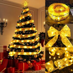 HEPYLAIFU Christmas Ribbon Wired 32.8ft 100lights Fairy Warm Light Battery Operated for Christmas Tree Weddings New Year Party (Color : Gold, Size : 10M+Remote)