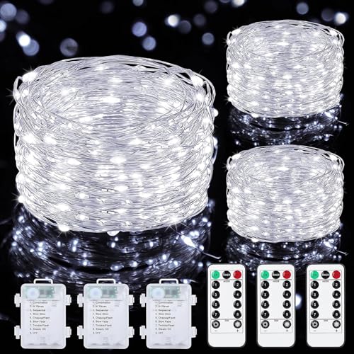 C-LARSS Battery Operated Fairy Lights 3 Pcs Copper Wire Waterproof Operated Led with Remote Control Dimmable Timer Function 8 Lighting Modes Garden Christmas White Light.