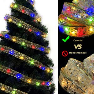 SHANRUN Christmas Tree Decorations Christmas Decorations String Lights Ribbon Indoor (16.4ft,50 LED Lights) Xmas Ornaments Clearance Colorful Fairy Lights Battery Operated (Gold Ribbon)