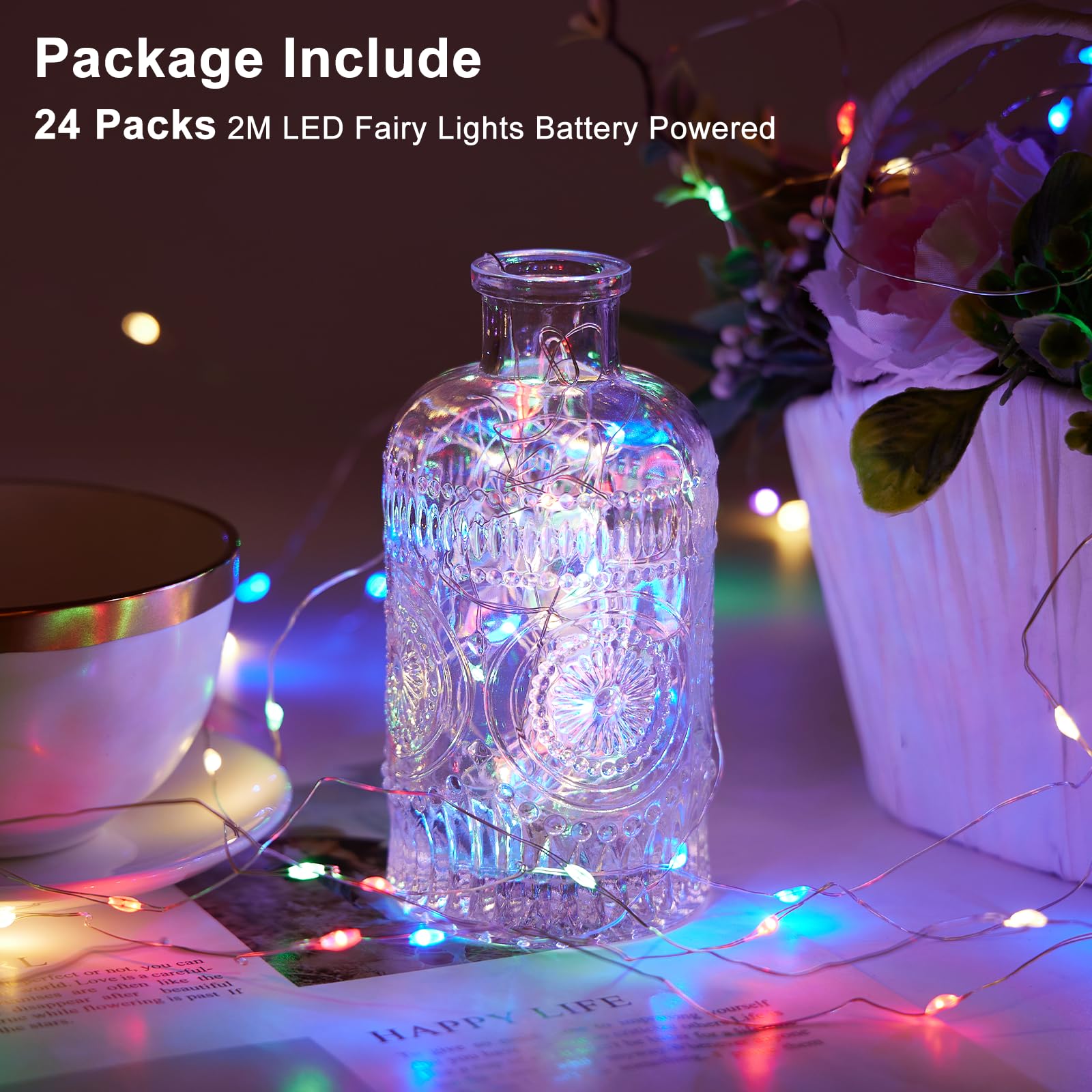 24 Pack Fairy Lights Battery Operated String Lights, 7ft 20 LED Mini Waterproof Christmas Lights with Extra Batteries for Bedroom Wedding Halloween Mason Jars DIY Table Decoration (Multicolor)