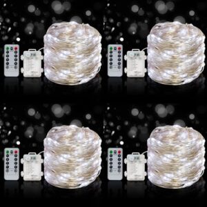 4 x fairy lights battery operated 8 lighting modes,50leds,16.4ft/5 meters silver wire string lights,timer function,and remote control.for christmas,party,wedding,decorative lighting(cool white)