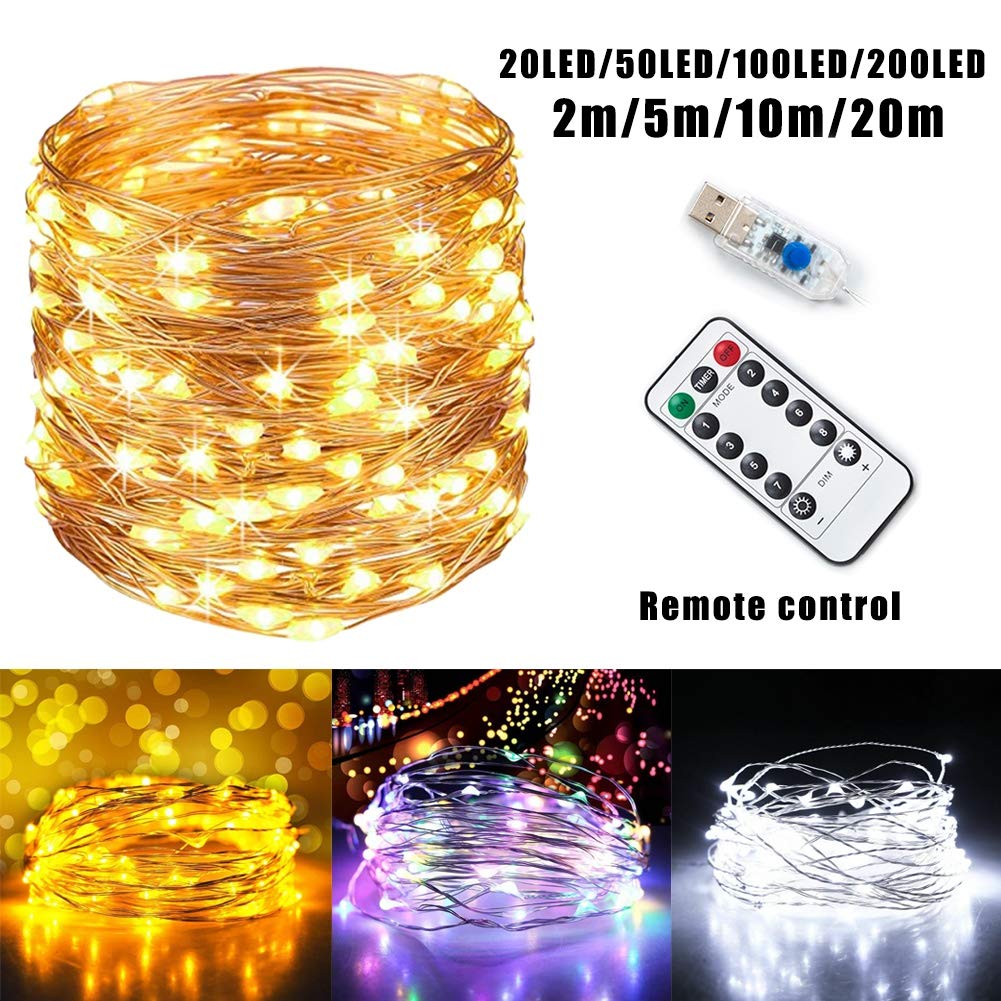 Ruipunuosi Remote Control String Lights, Led Fairy Lights- 20/50/100/200 LEDs Waterproof Flexible String Lights Battery Operated for Bedroom Home Wedding Christmas Festival