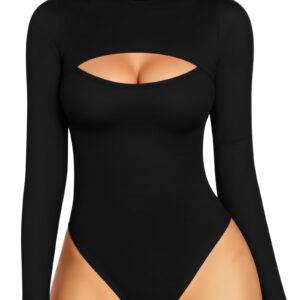 MANGOPOP Black Bodysuit Mock Neck Cutout Front Long Sleeve Tops