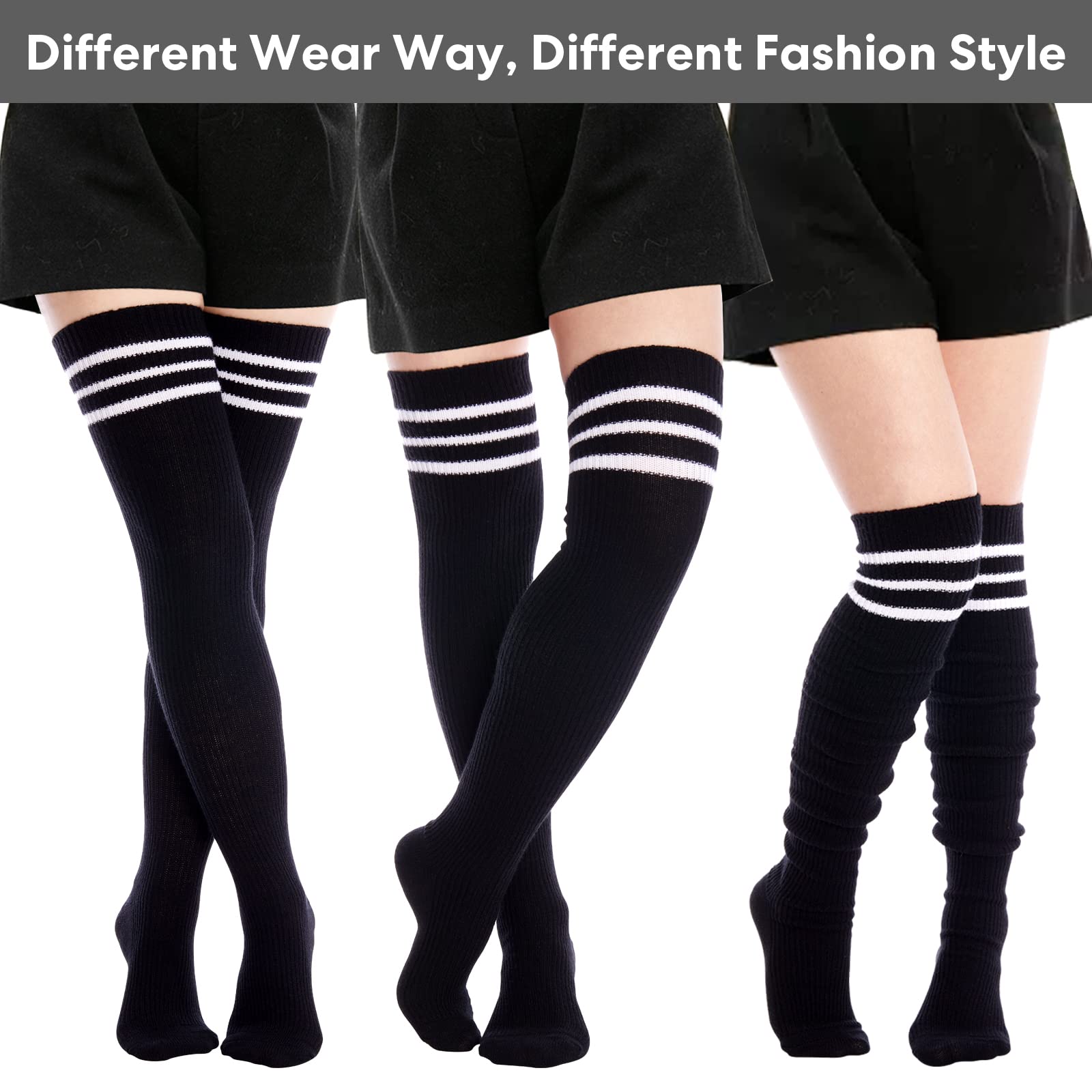 Moon Wood Women Thigh High Socks Extra Long Warm Knit Over Knee High Boot Stockings Striped Thigh Highs Leg Warmers