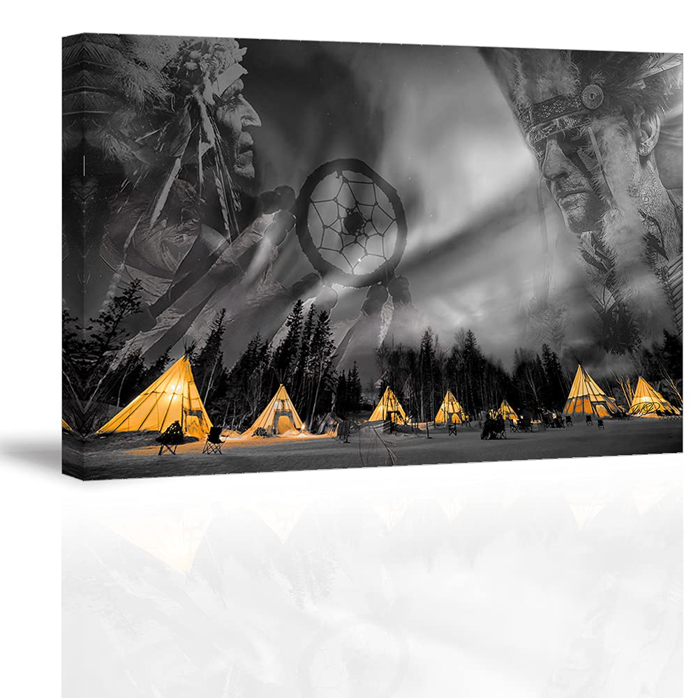 Family Wall Decor of Waterproof Native American Decor, Office Wall Decor with Yellow Decor, Art Work for Home Walls by Original Inspirational Black and White Wall Art, Wood Inside Framed (24x36)