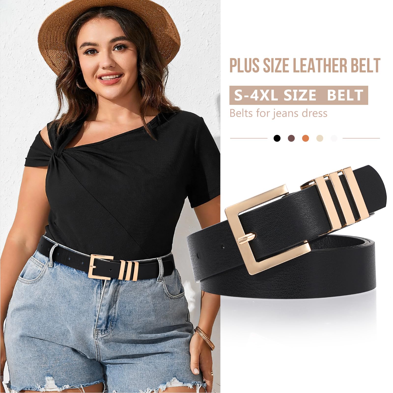 XZQTIVE Plus Size Women's Leather Belts for Jeans Pants Dress Fashion Ladies Waist Belt with Square Gold Buckle,black