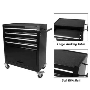 4 Drawers & 1 Chest Multifunctional Portable Tool Carts, Heavy Duty Rolling Utility Tool Cabinet, with Interlock Safety System, 4 Universal Wheels & 2 Brakes, for Mechanics/Repairs/Storage - Black