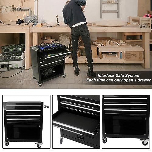 4 Drawers & 1 Chest Multifunctional Portable Tool Carts, Heavy Duty Rolling Utility Tool Cabinet, with Interlock Safety System, 4 Universal Wheels & 2 Brakes, for Mechanics/Repairs/Storage - Black