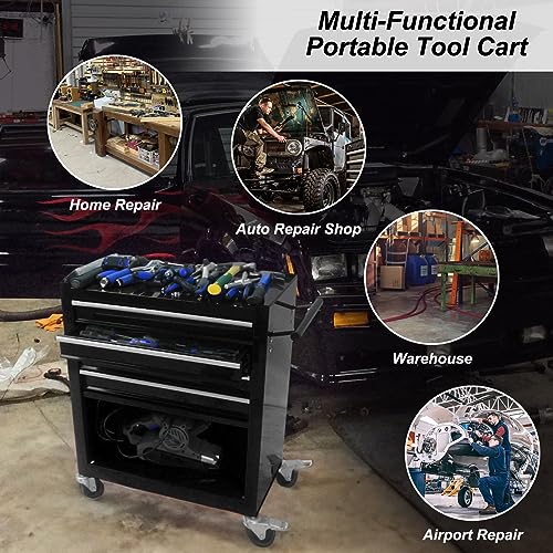 4 Drawers & 1 Chest Multifunctional Portable Tool Carts, Heavy Duty Rolling Utility Tool Cabinet, with Interlock Safety System, 4 Universal Wheels & 2 Brakes, for Mechanics/Repairs/Storage - Black